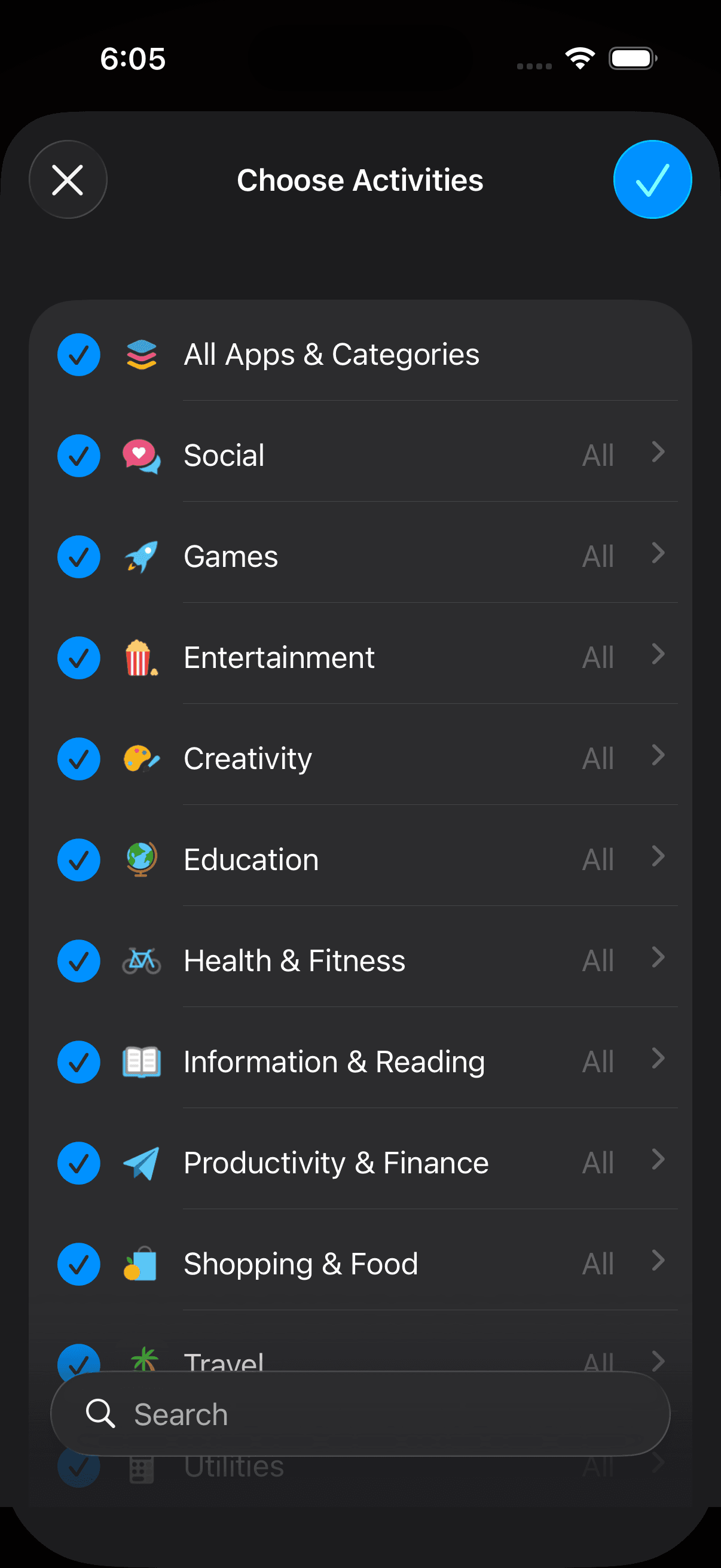 iPhone activity picker where categories such as Social and Entertainment are selected